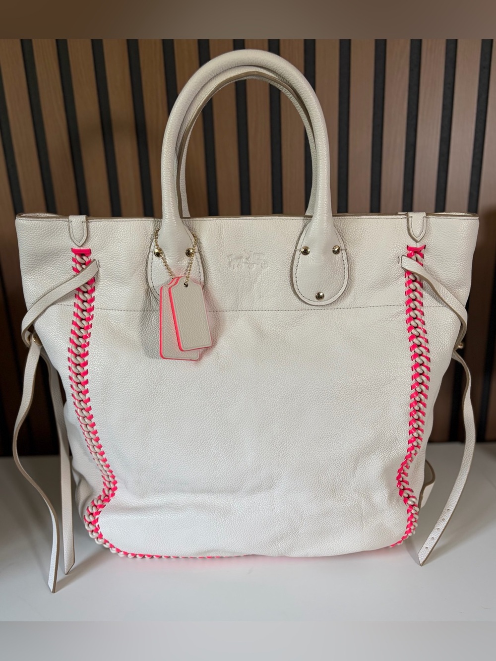 Rare Coach Tatum Tote Chalk White Leather with Pink Trim F35156